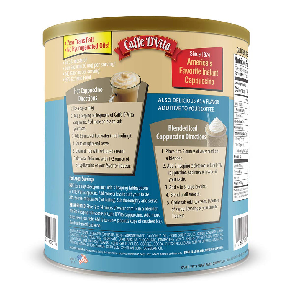 Caffe D'Vita gluten free cappuccino mix label highlights premium ingredients.