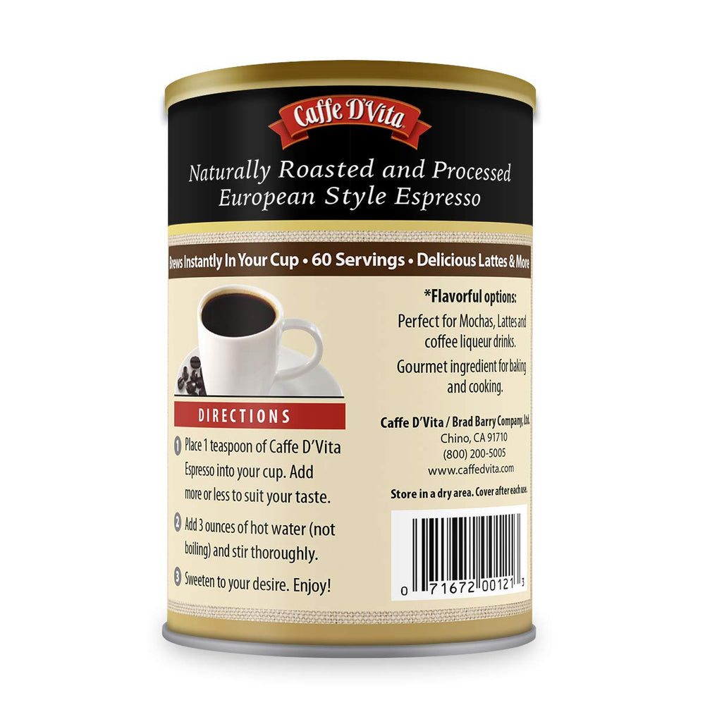 Caffe D'Vita gluten-free keto-friendly espresso powder label featured.