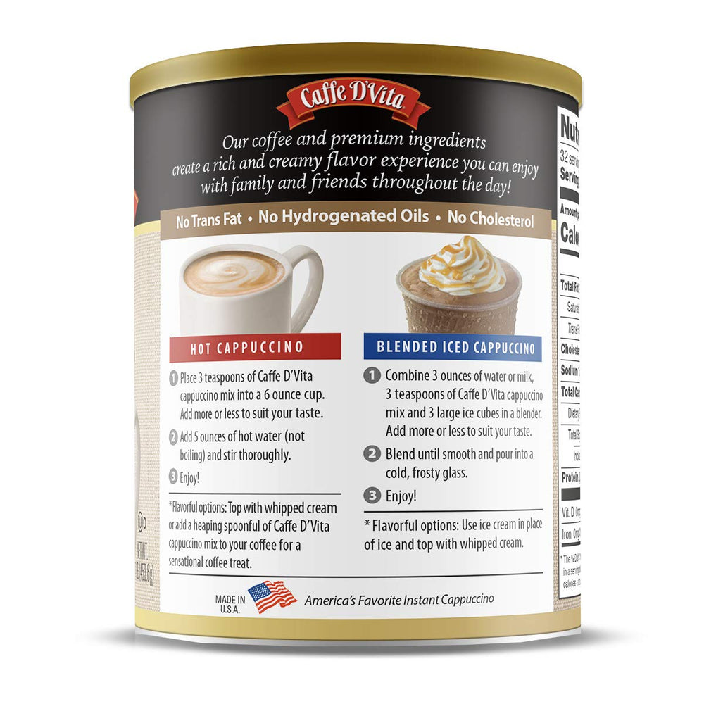 Caffe D'Vita Hazelnut Cappuccino Jar highlights gluten-free mix for versatile recipes.