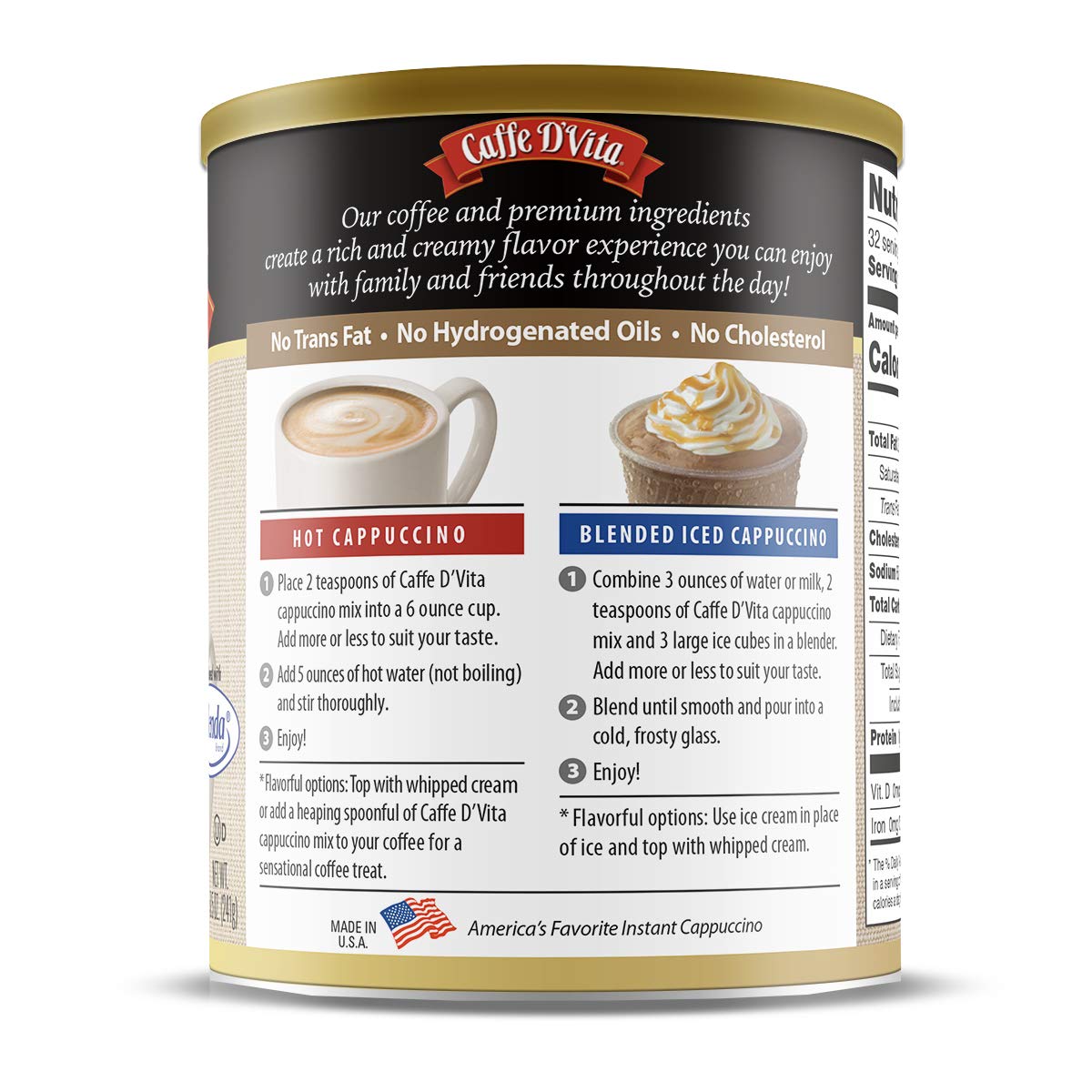 Caffe D'Vita label highlights gluten-free and no cholesterol features.