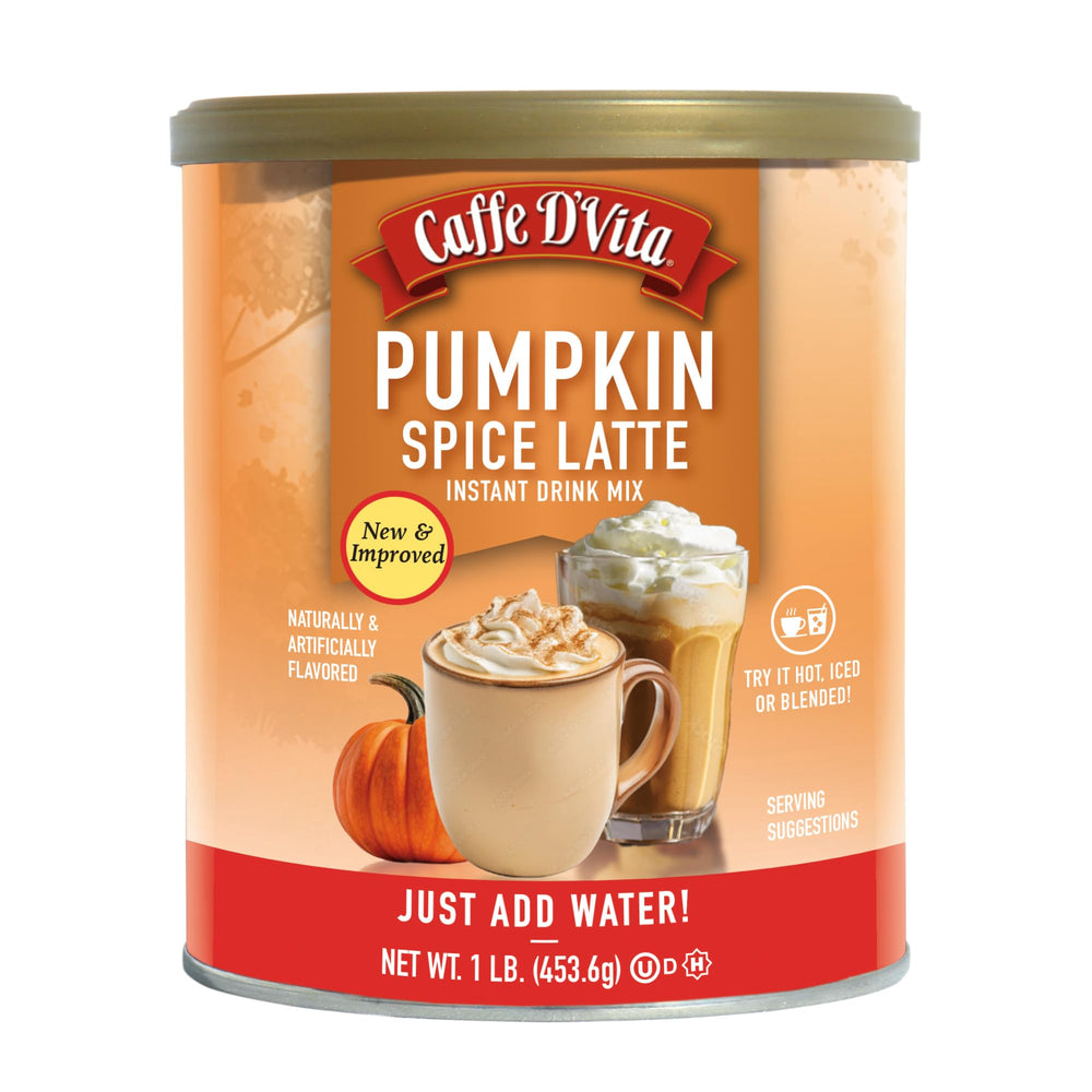 Caffe D'Vita pumpkin spice latte cappuccino powder for rich hot or iced drinks.