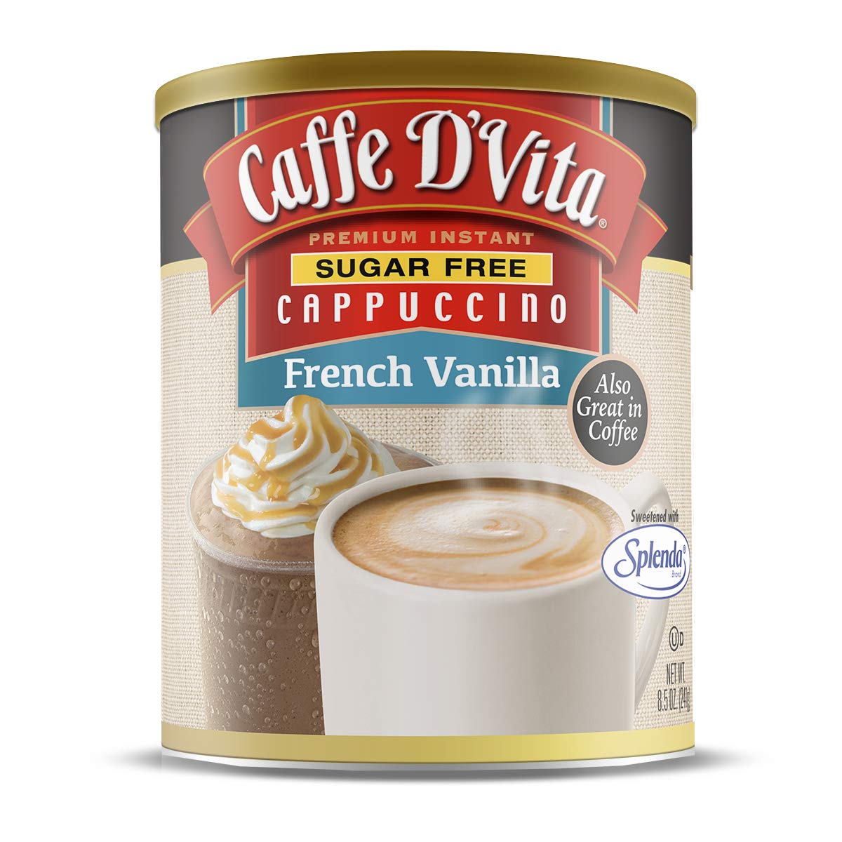 Caffe D'Vita Sugar Free French Vanilla Cappuccino can, rich flavor with sugar-free indulgence.