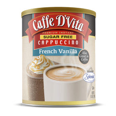 Caffe D'Vita Sugar Free French Vanilla Cappuccino can, rich flavor with sugar-free indulgence.