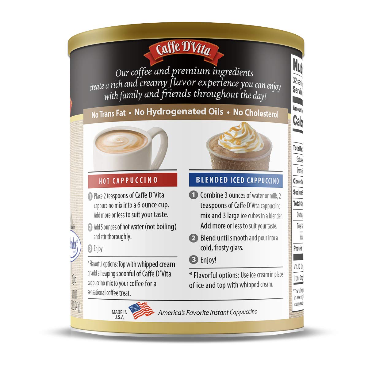 Caffe D'Vita Sugar Free French Vanilla Cappuccino made-in-usa gluten-free blend.