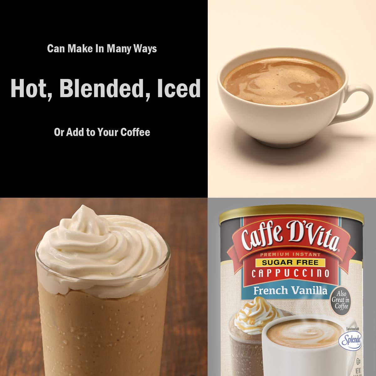 Caffe D'Vita Sugar Free French Vanilla Cappuccino powder bowl, convenient instant mix.