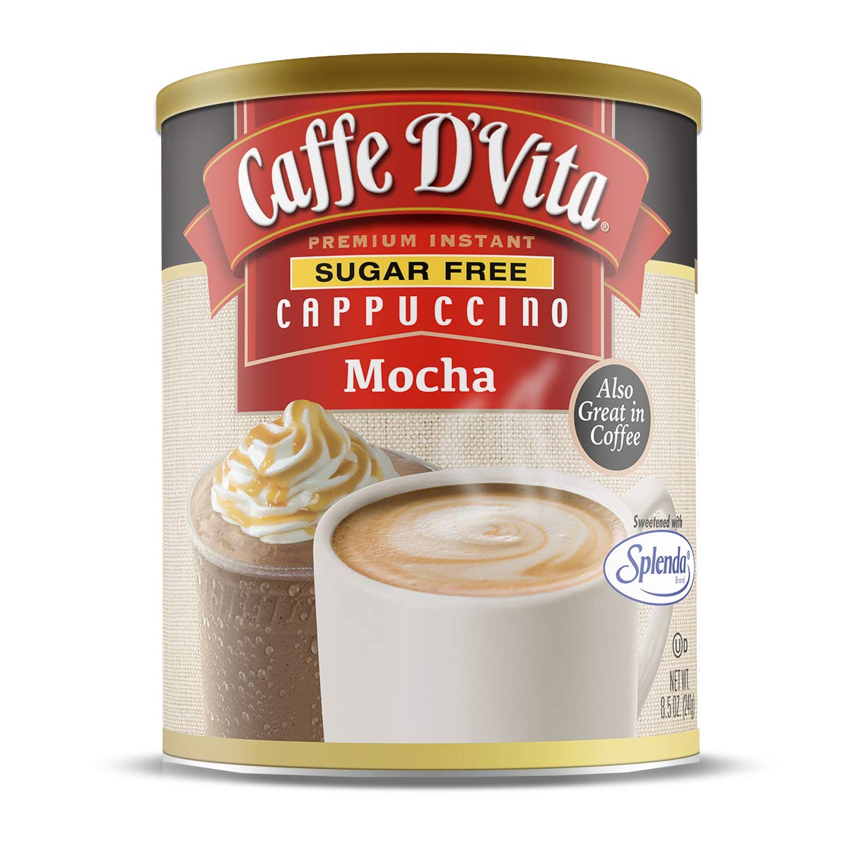 Caffe D'Vita Sugar Free Mocha Cappuccino can, creamy mocha ready for hot or iced drinks.