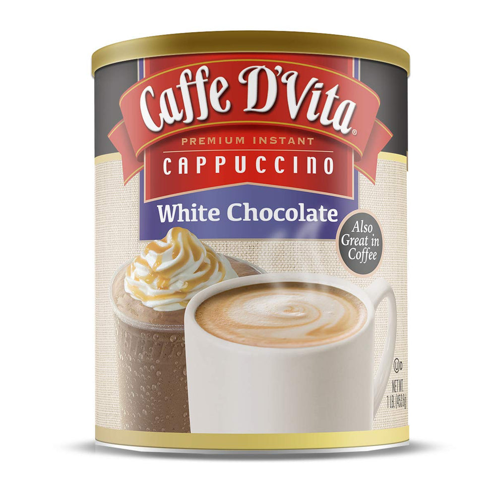 Caffe D'Vita White Chocolate Cappuccino mix packaging front highlights premium ingredients.