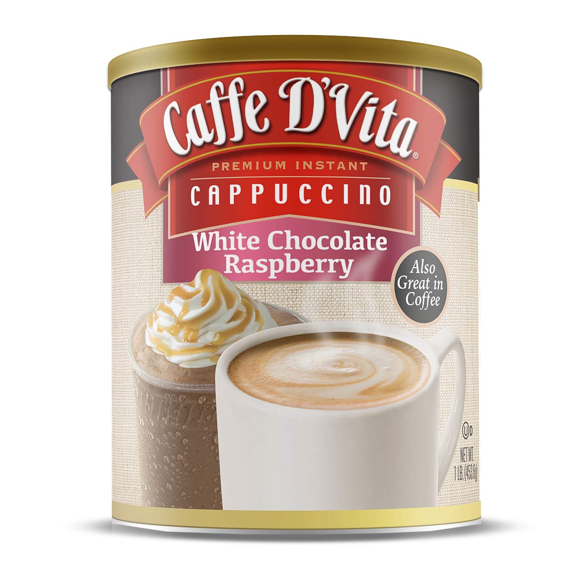 Caffe D'Vita white chocolate raspberry cappuccino packaging for convenient at-home indulgence.