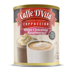 Caffe D'Vita white chocolate raspberry cappuccino packaging for convenient at-home indulgence.