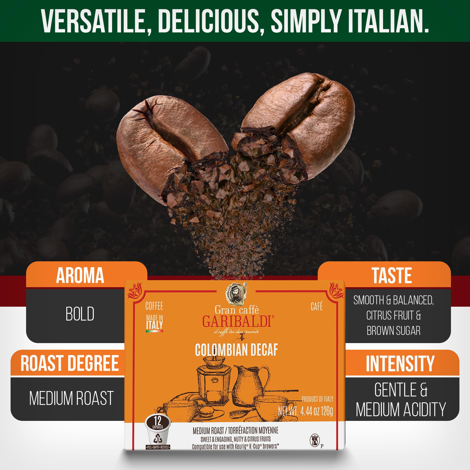 Caffè Garibaldi Arabica blend pod with caramel and vanilla notes