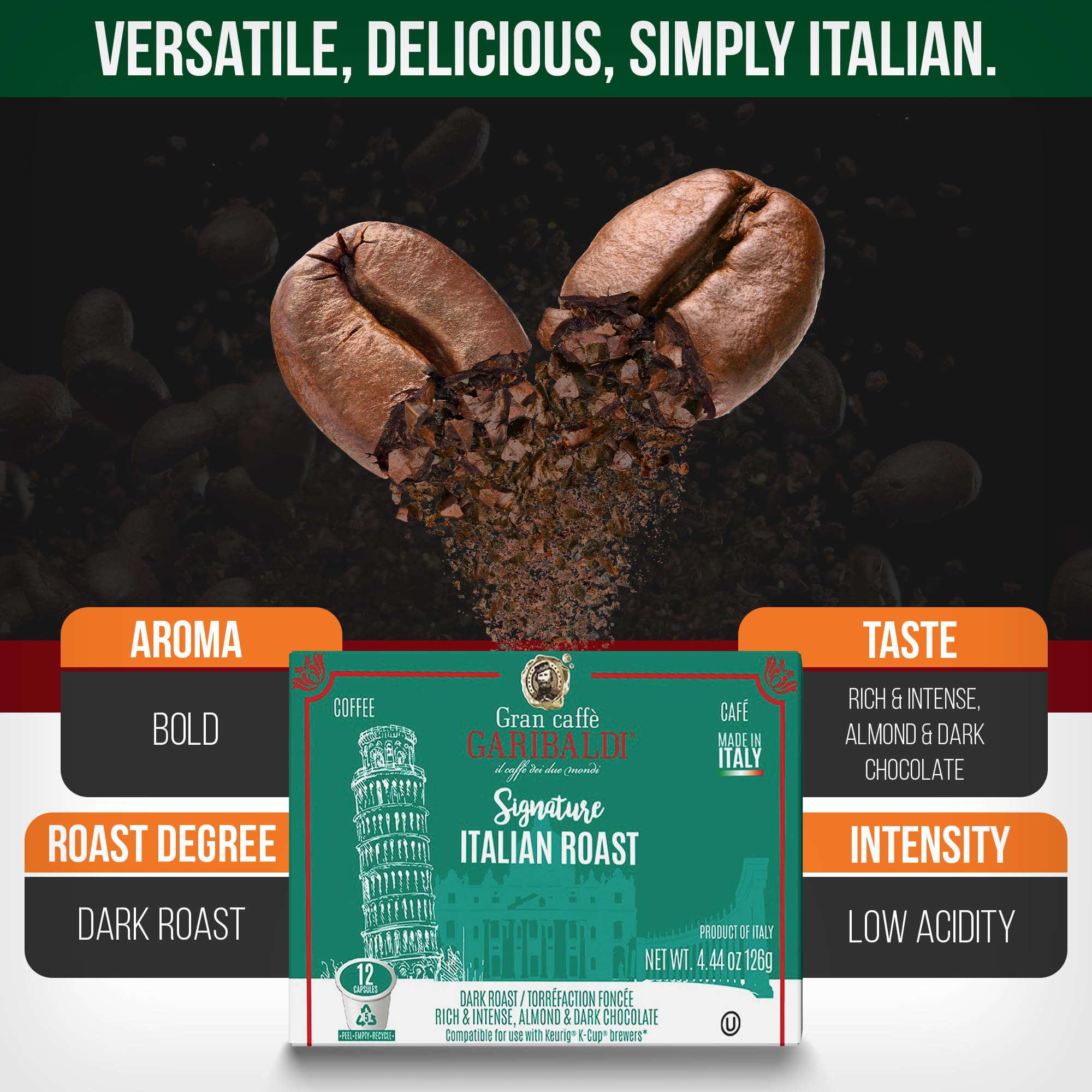 Caffe Garibaldi Arabica-Robusta blend delivers smooth depth and nutty cocoa
