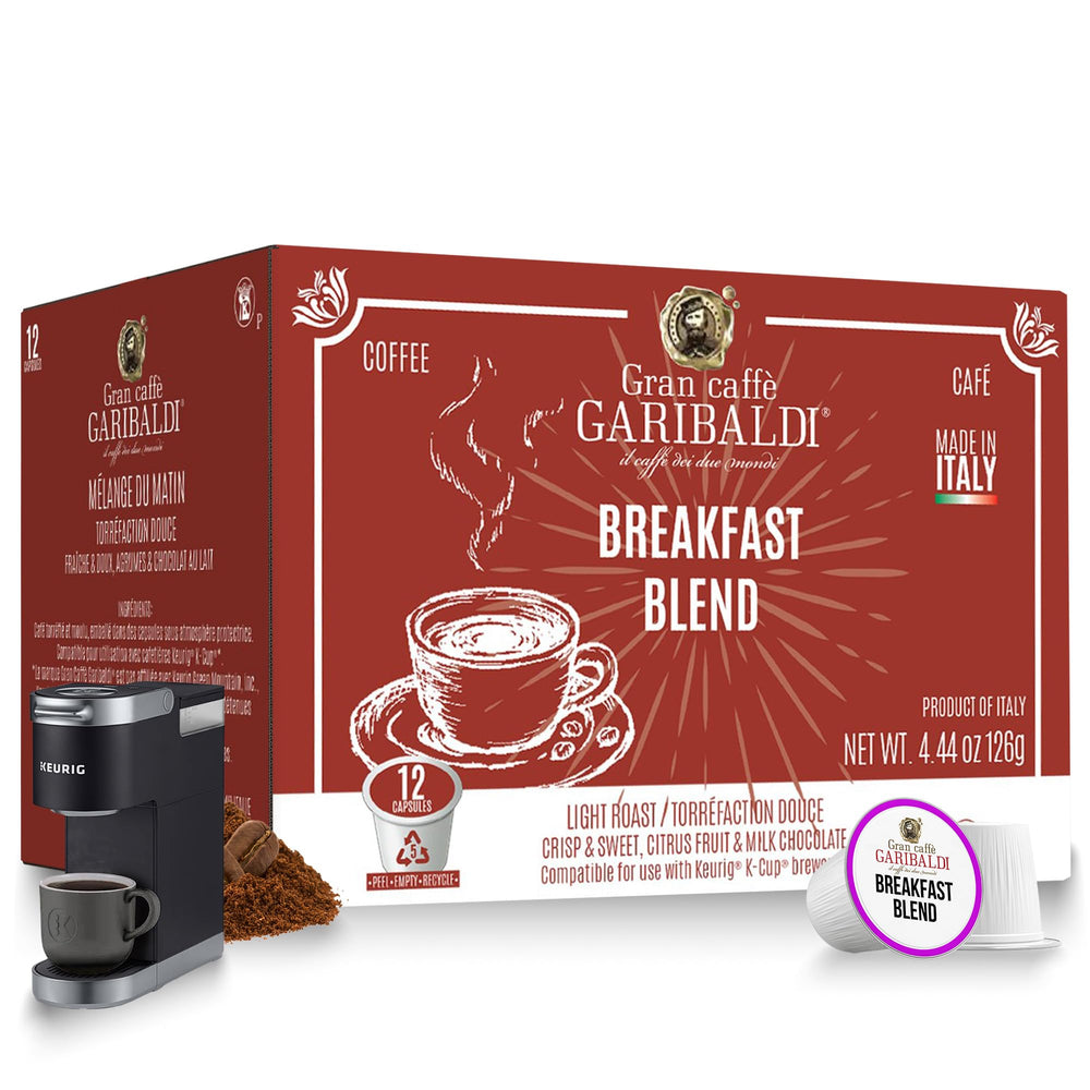 Caffè Garibaldi Breakfast Blend pod closeup, highlighting a quick morning brew.