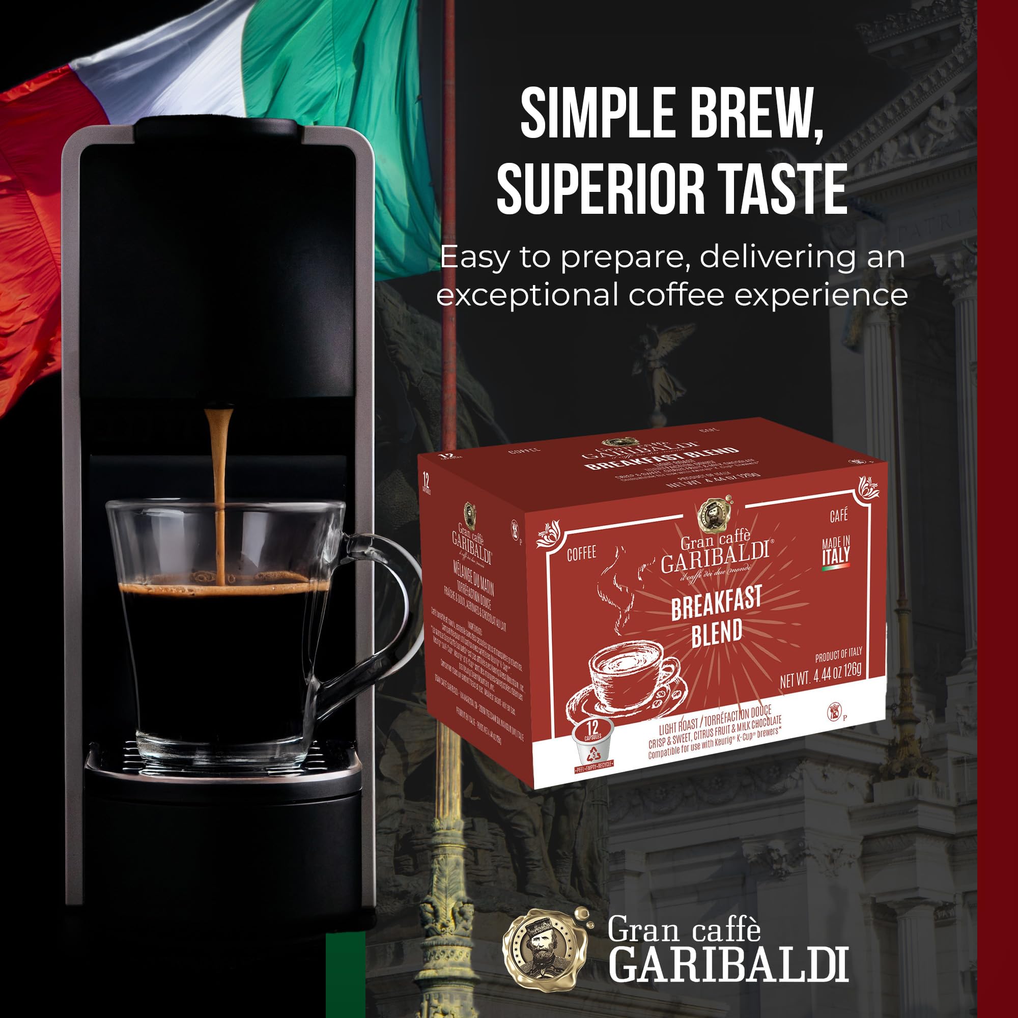 Caffè Garibaldi Breakfast Blend pod in packaging preserving freshness.