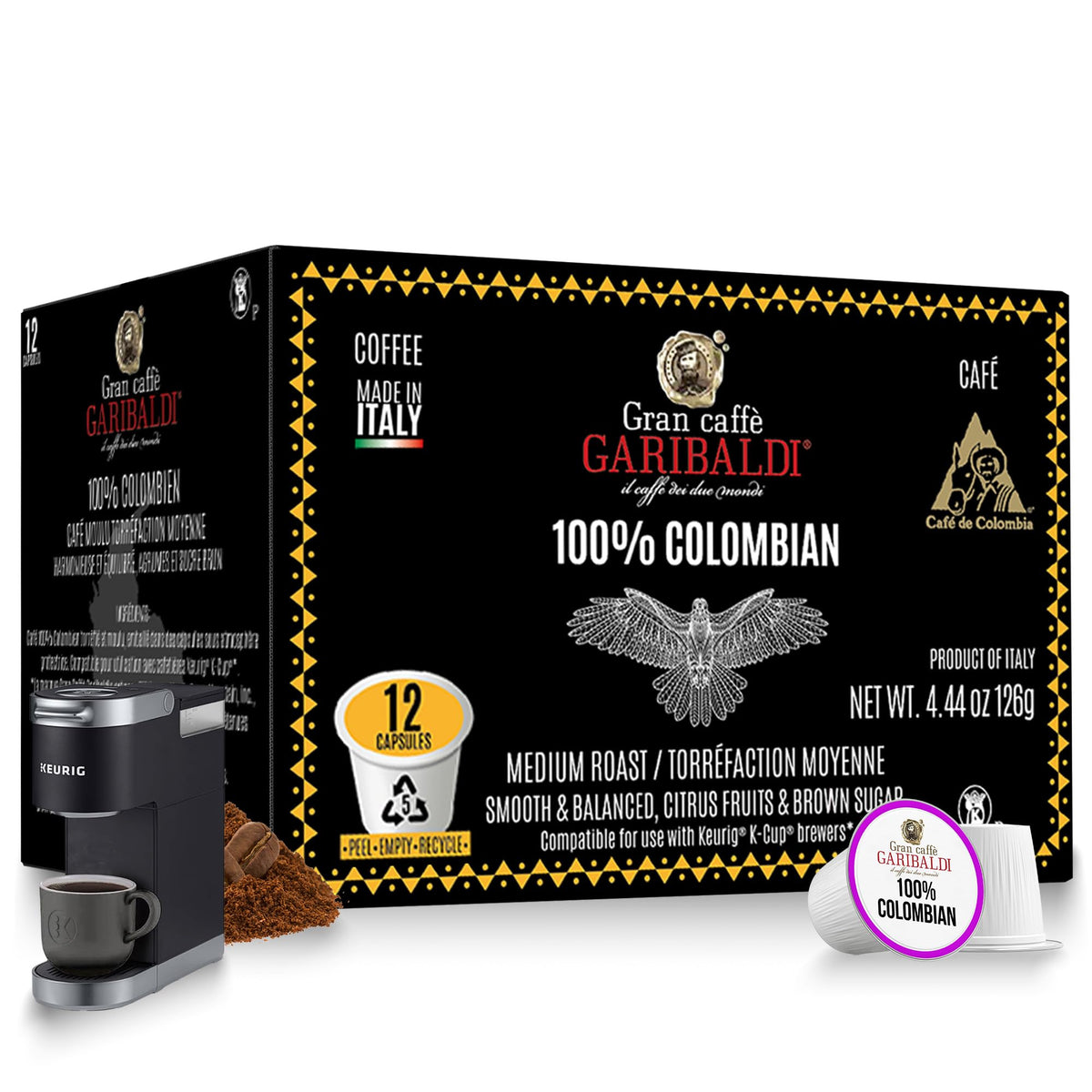 Caffè Garibaldi Colombian coffee pods for Keurig-compatible brews at home