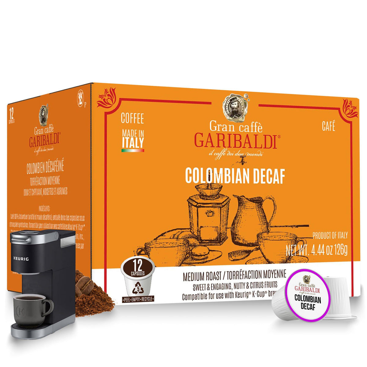 Caffè Garibaldi Colombian decaf pod for Keurig machines, offering smooth aroma and balanced flavor
