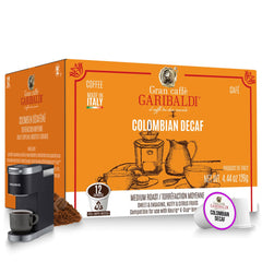 Caffè Garibaldi Colombian decaf pod for Keurig machines, offering smooth aroma and balanced flavor