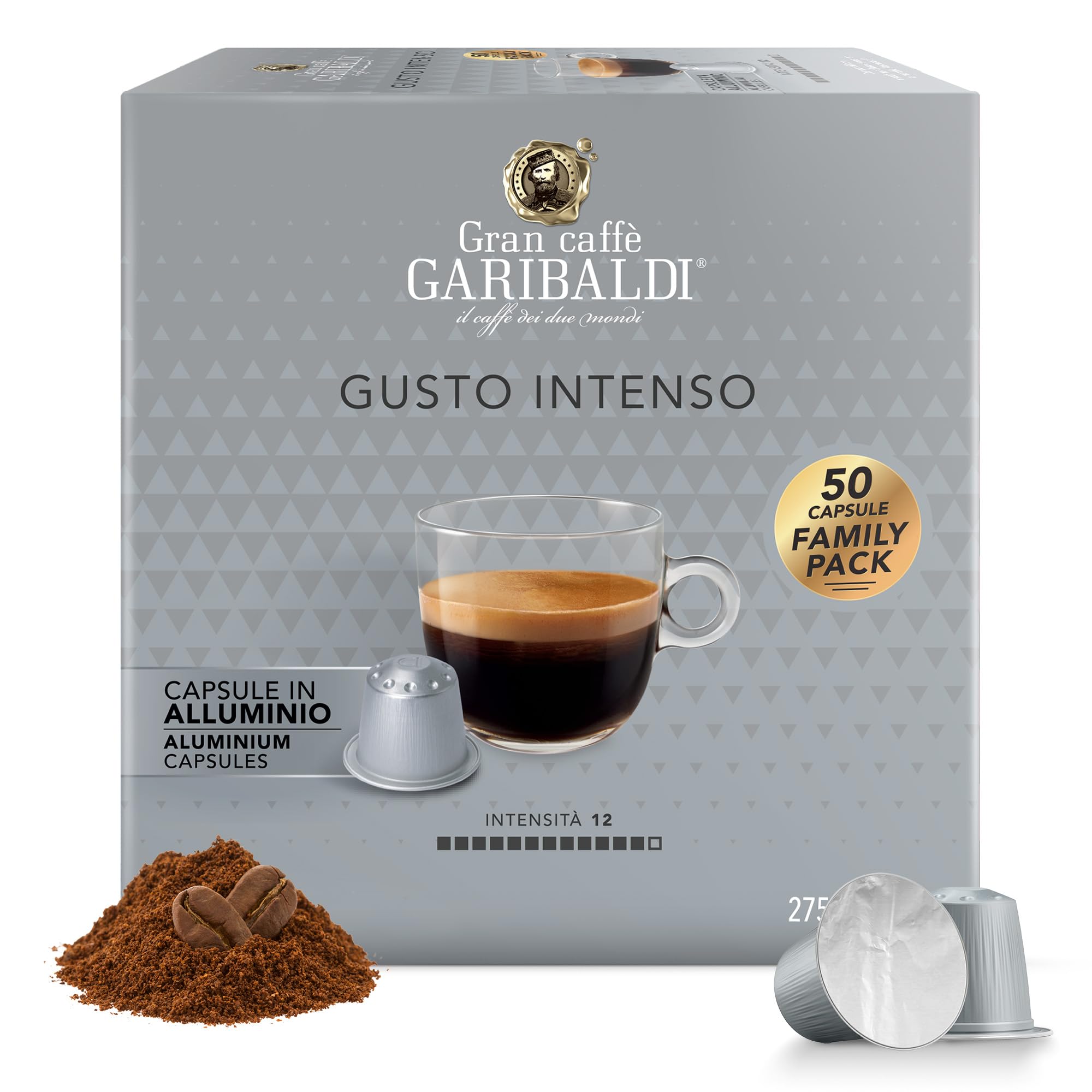 Caffè Garibaldi Gusto Intenso capsule close-up with rich crema for bold espresso
