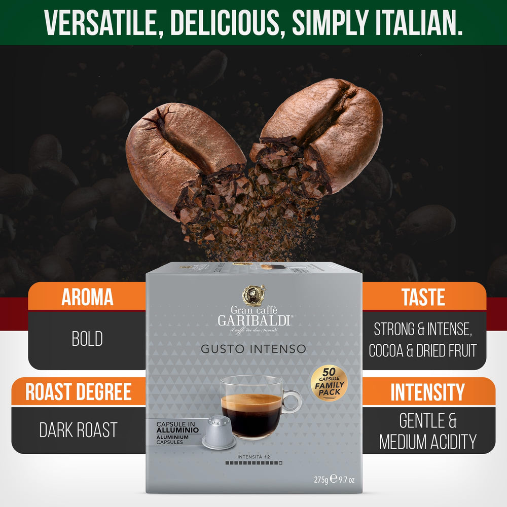 Caffè Garibaldi capsule beside a Nespresso machine for quick home espresso