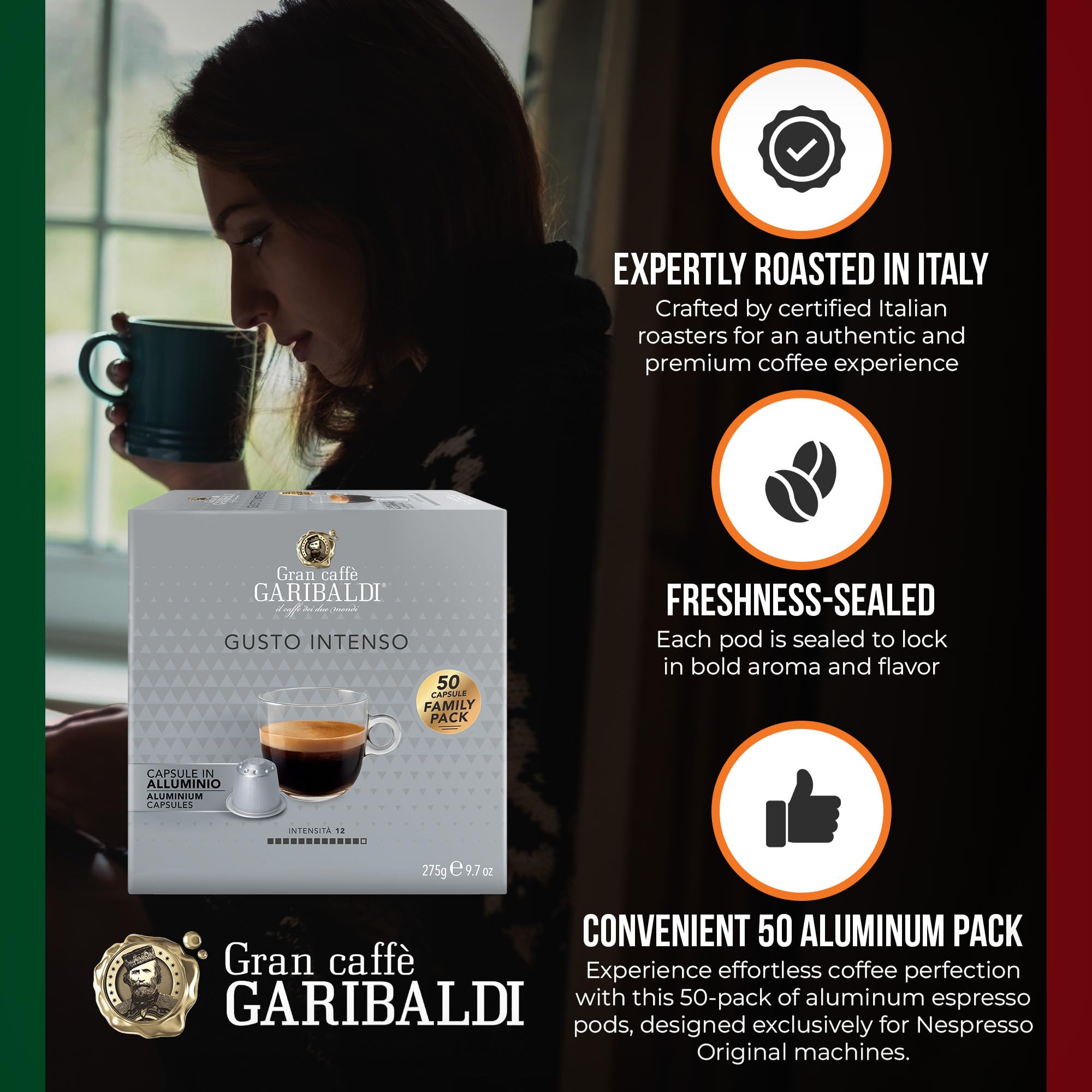 Caffè Garibaldi Gusto Intenso crema pouring into cup, rich aroma