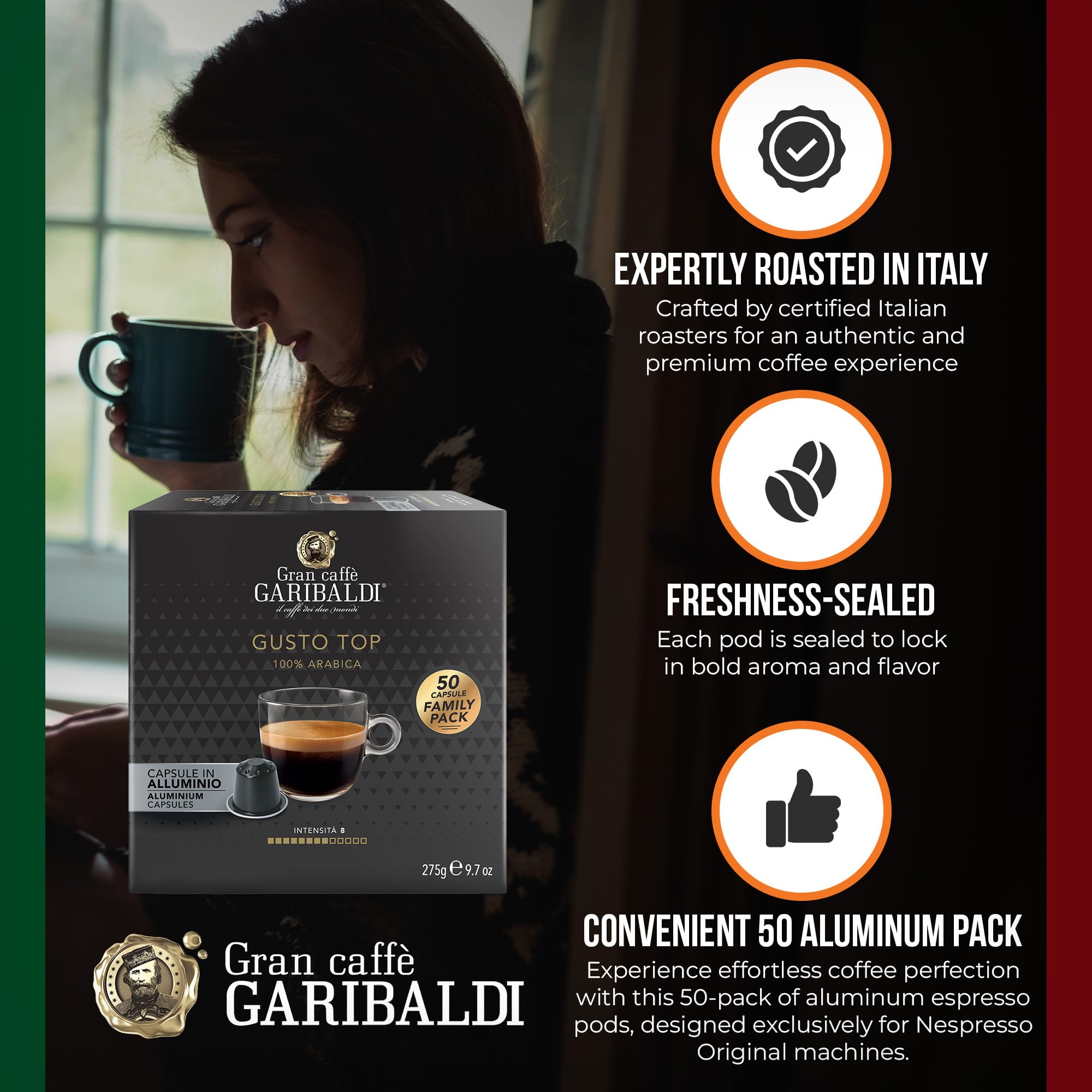 Caffe Garibaldi nitrogen-flushed capsules preserve freshness and consistent flavor profile.