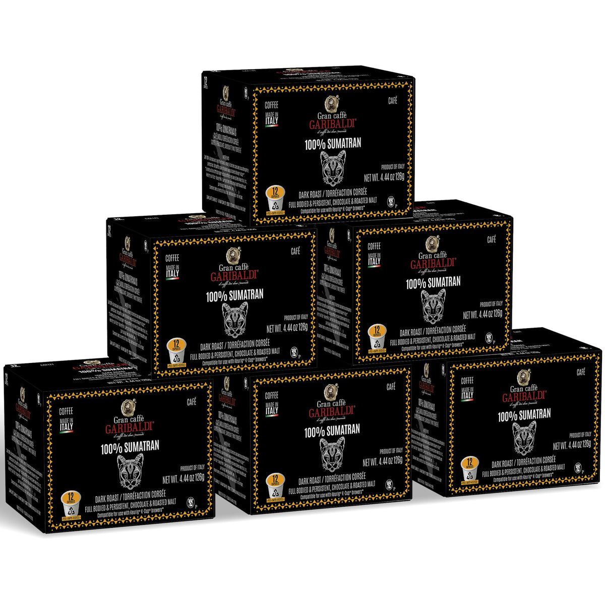 Caffe Garibaldi Sumatran coffee pods showing bold dark roast aroma for mornings