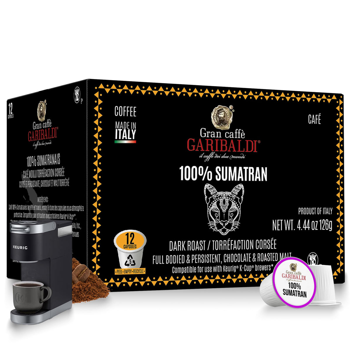 Caffè Garibaldi Sumatran coffee pods ready for Keurig brewers for bold aroma.