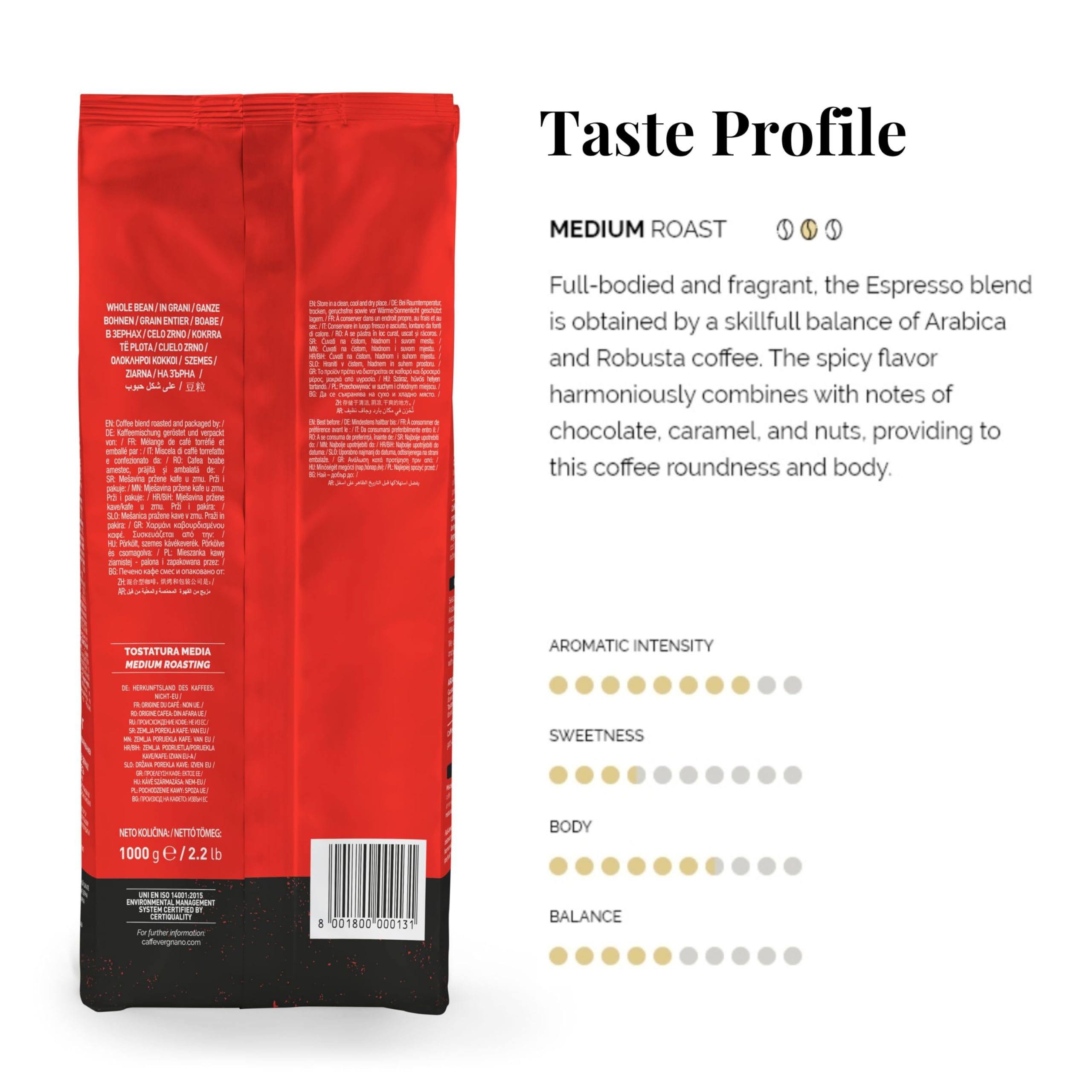 Caffè Vergnano 1882 full-bodied blend using arabica and robusta beans.