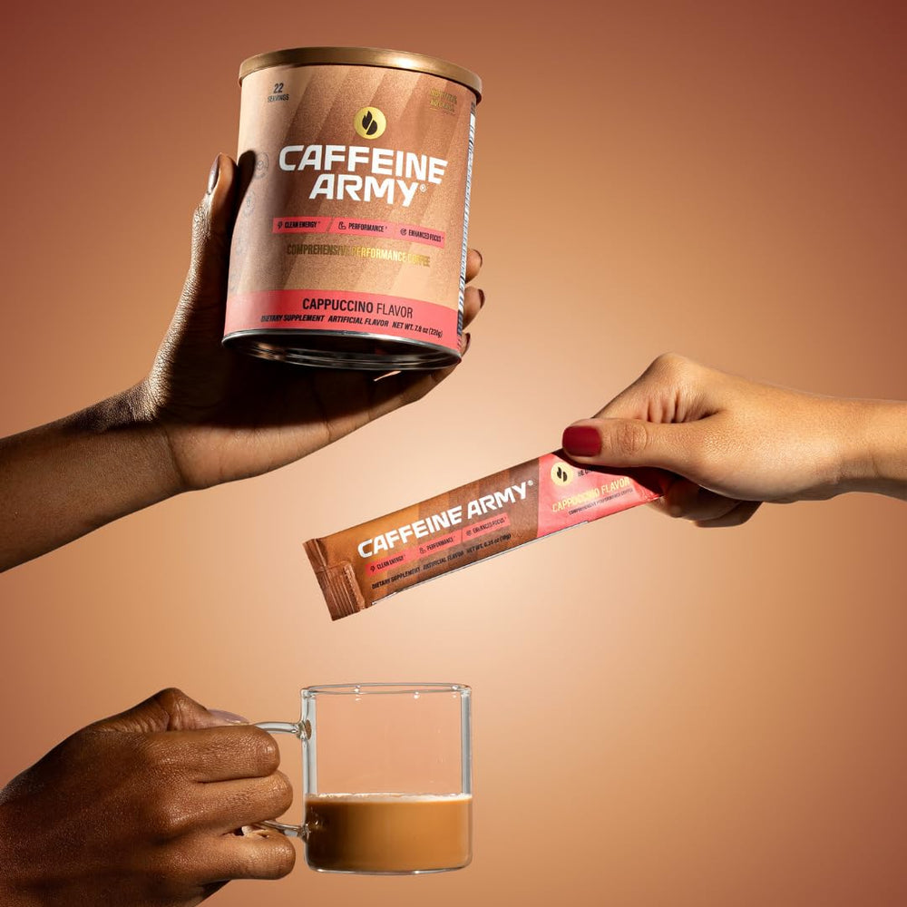 CAFFEINE ARMY Cappuccino on a desk for focus and energy.