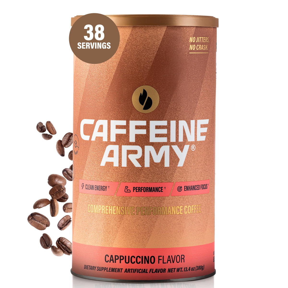 CAFFEINE ARMY Cappuccino tub with 38 servings for steady daily energy.