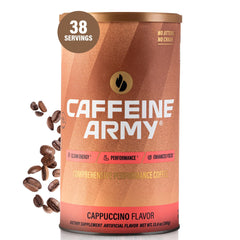 CAFFEINE ARMY Cappuccino tub with 38 servings for steady daily energy.