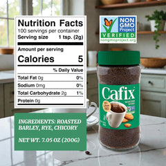 Cafix 7-oz jar label shows easy scoop and about 100 cups per jar.