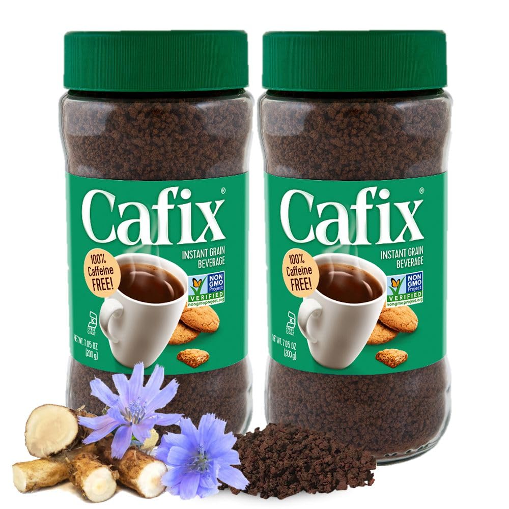 Cafix all natural instant chicory coffee alternative jar label highlights caffeine-free option for any time