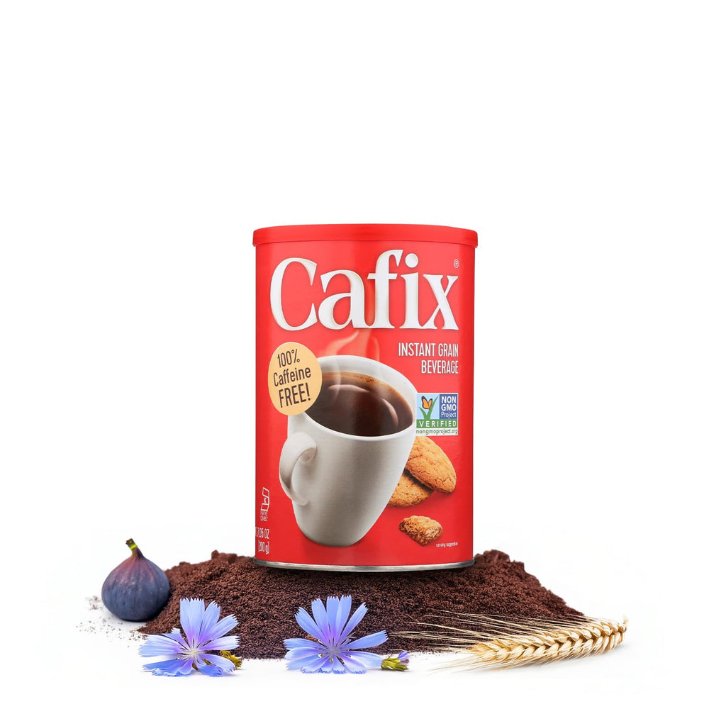 Cafix instant coffee substitute tin—caffeine-free, family-friendly option.