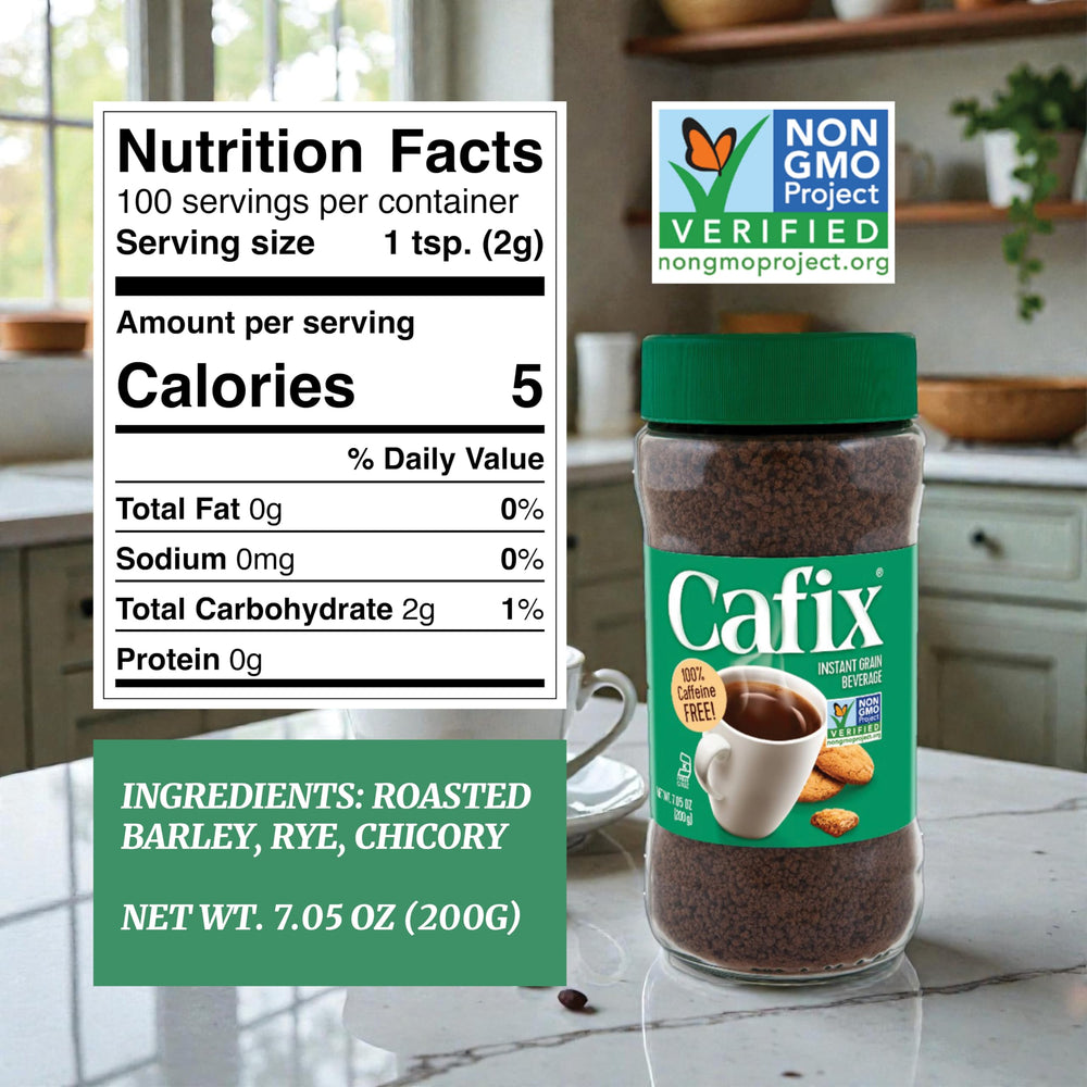 Cafix jar close-up shows roasted barley, chicory root, and rye for rich flavor