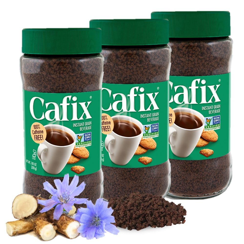 Cafix pack of 3 seven-ounce jars on a shelf showing caffeine-free comfort.