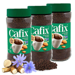 Cafix pack of 3 seven-ounce jars on a shelf showing caffeine-free comfort.