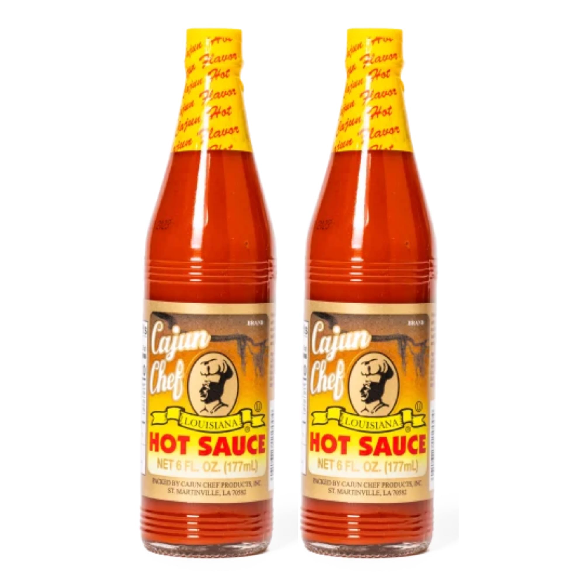 Cajun Chef Louisiana Hot Sauce 2-pack bottles front view; smooth Cajun flavor for various dishes.