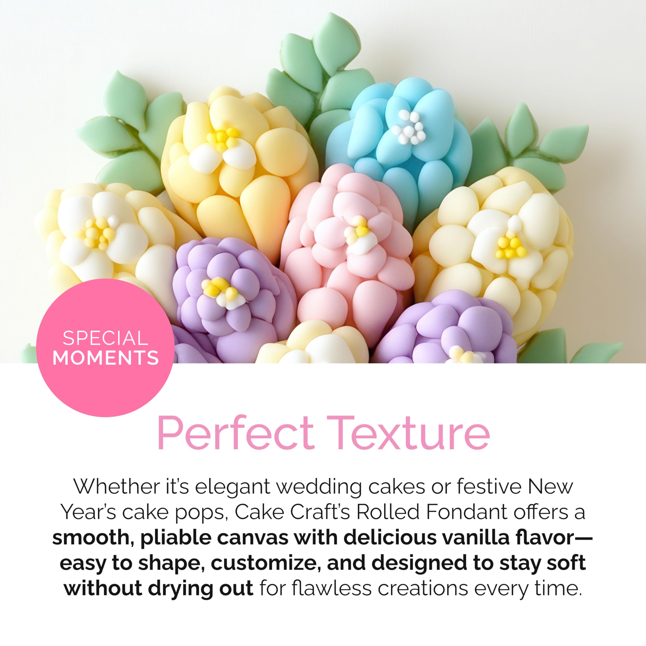Cake Craft rolled fondant comes in 2.2 lb for large projects.