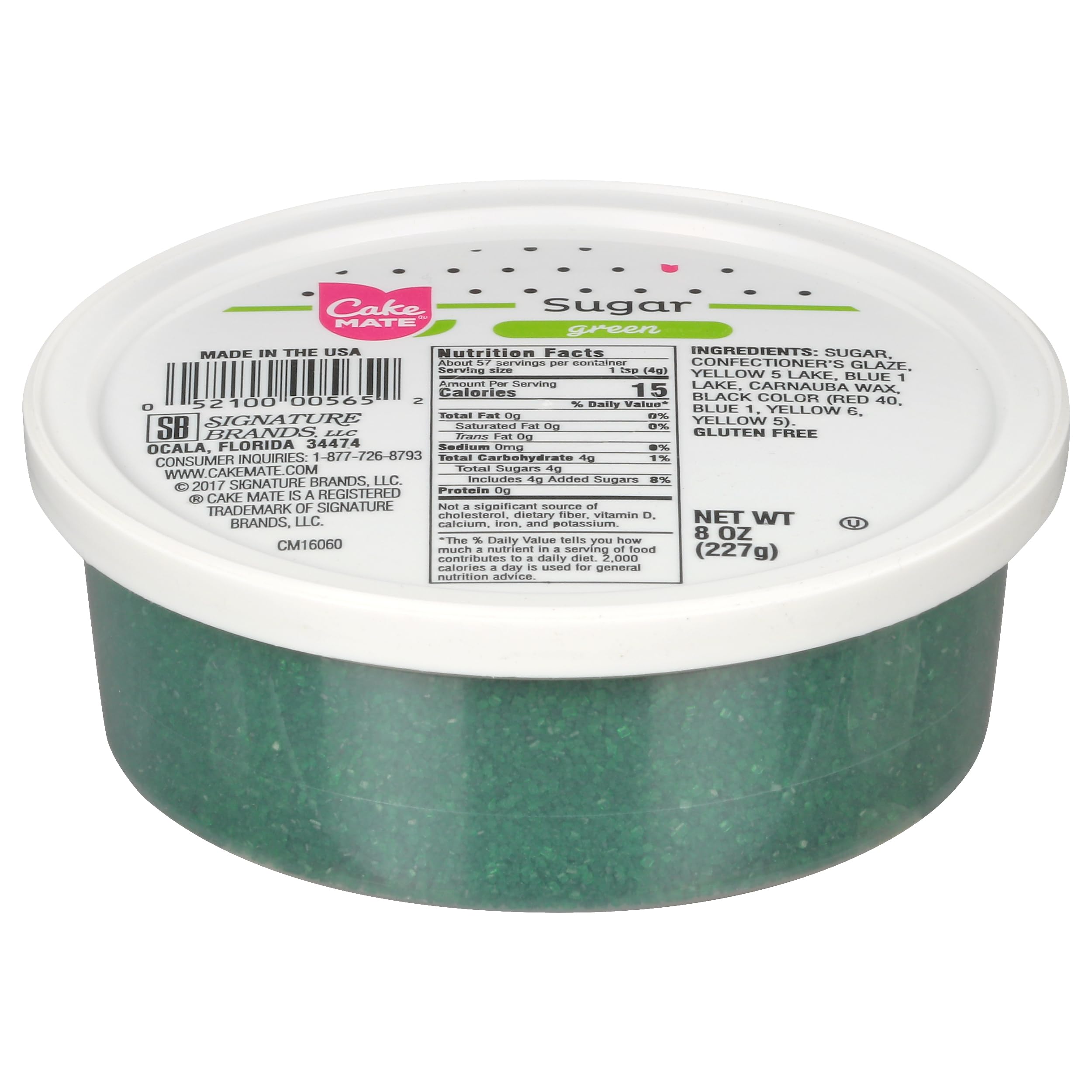 Cake Mate Christmas Green sanding sugar in a resealable tub for easy decoration