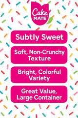 Cake Mate edible rainbow sprinkles in 26oz bottle add vibrant color.