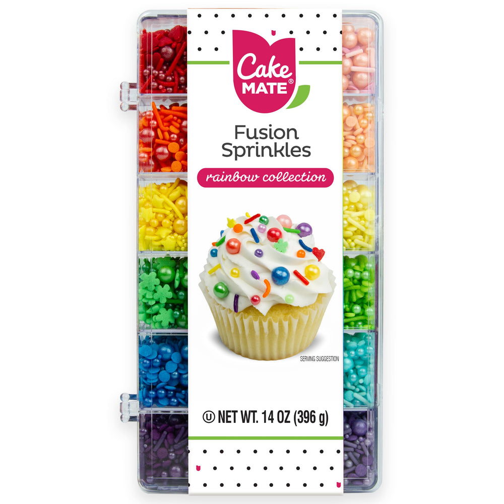 Cake Mate Rainbow Fusion Sprinkles divided container for easy color selection during decorating