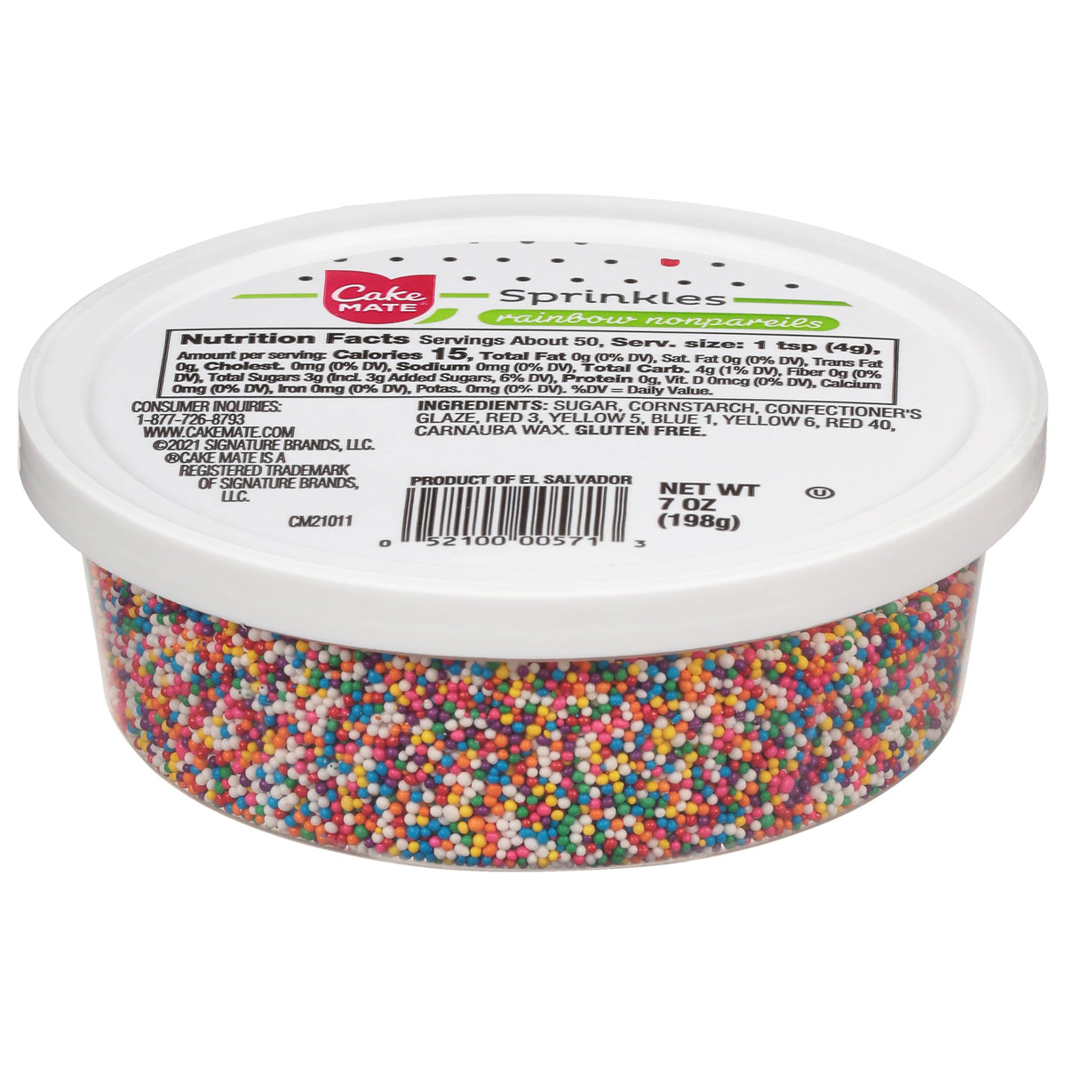 Cake Mate Rainbow Nonpareils tub close-up for vibrant cake decoration and party-ready color.