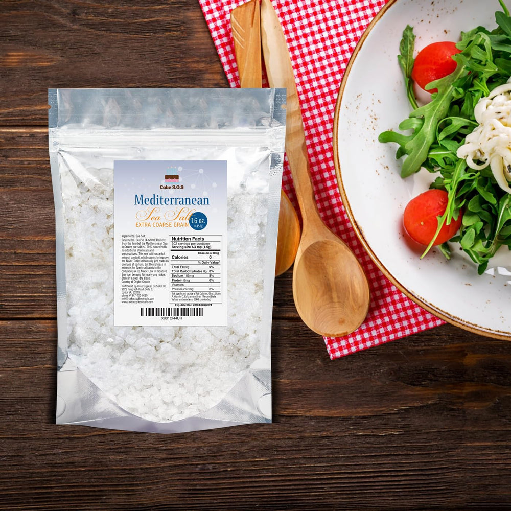 Cake S.O.S Greek origin label on bag emphasizing natural seasoning