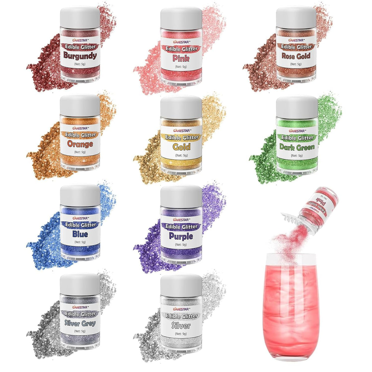 CAKESTAR edible glitter for cocktails adds vibrant color to drinks with ten colors.