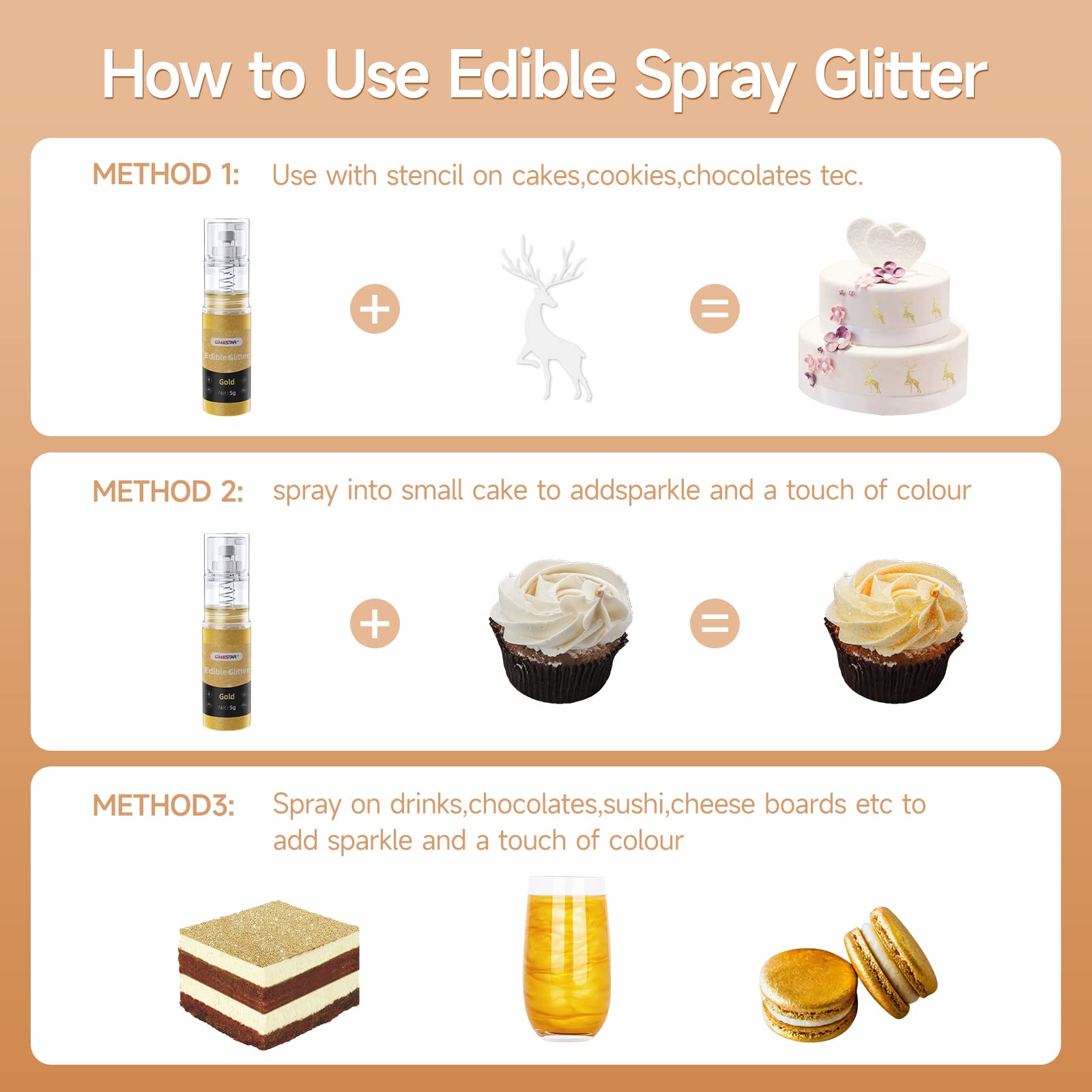 CAKESTAR edible glitter spray bottle front showcases packaging for easy use.