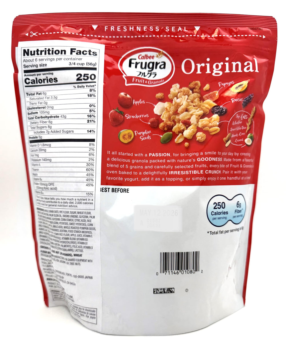 Calbee Frugra fruit mix close-up highlighting dried fruits for fruity crunch