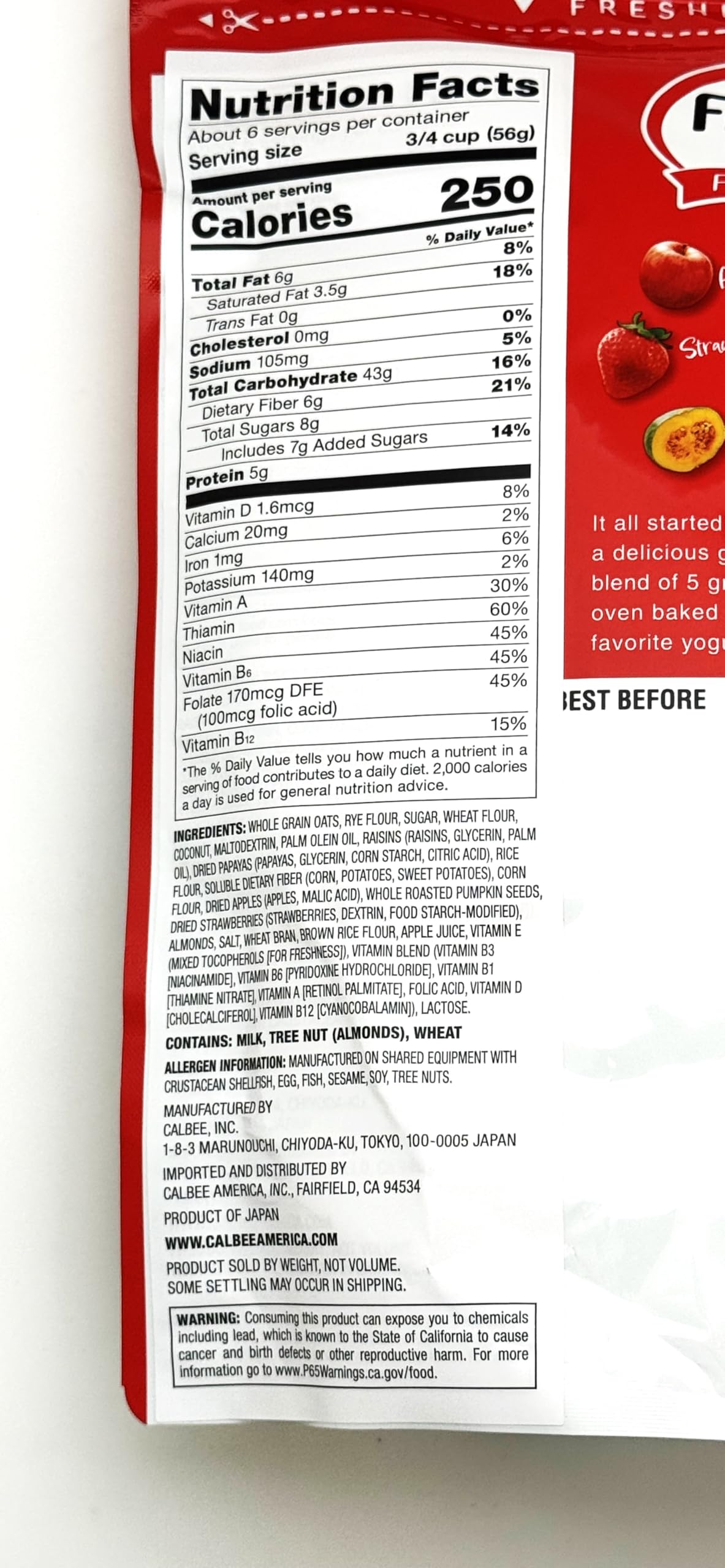 Calbee Frugra oven-baked crunch highlighting light, nutty grains