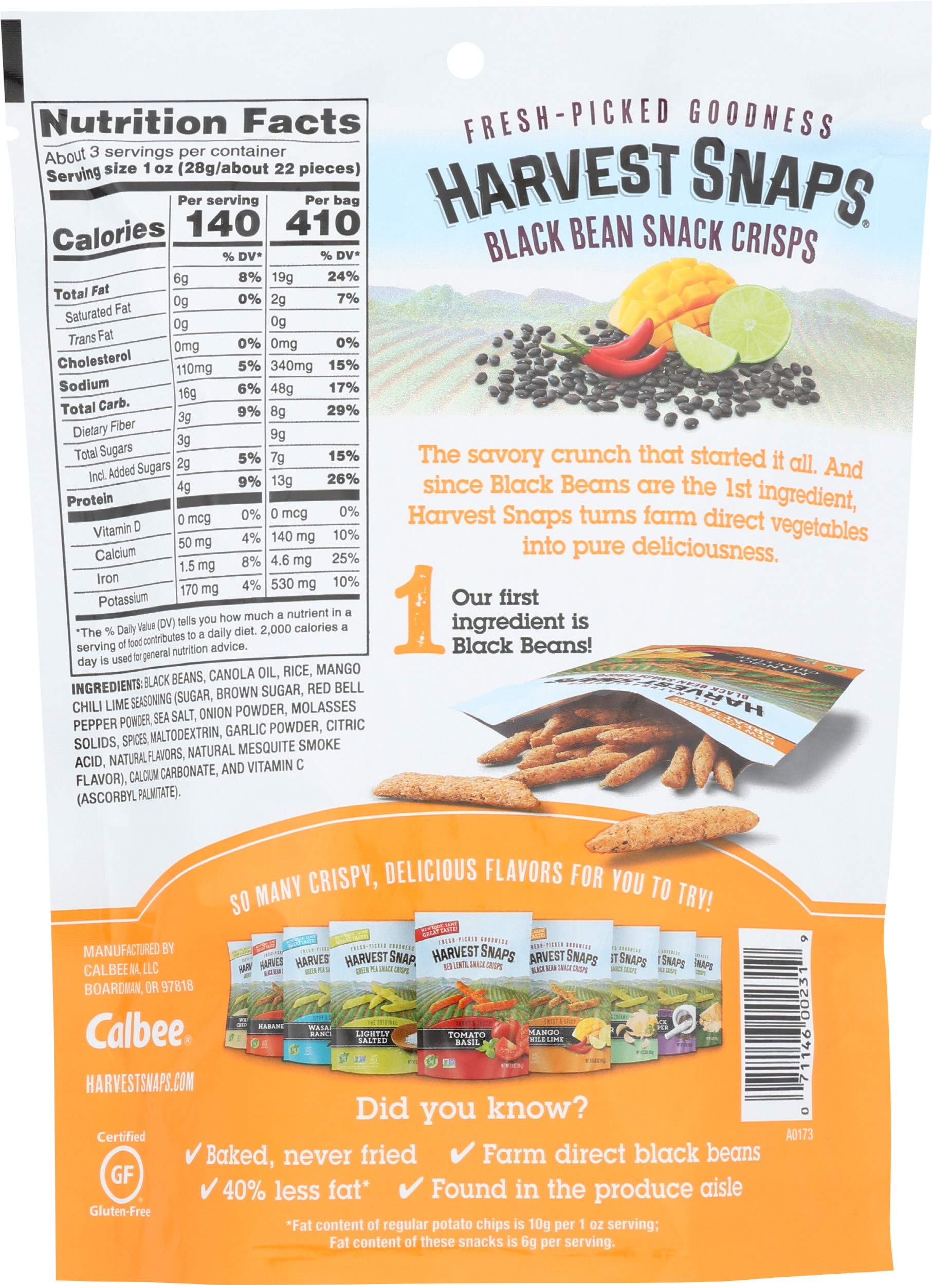Calbee Harvest Snaps Mango Chile Lime 3 oz pack back shows nutrition and ingredients for informed snacking