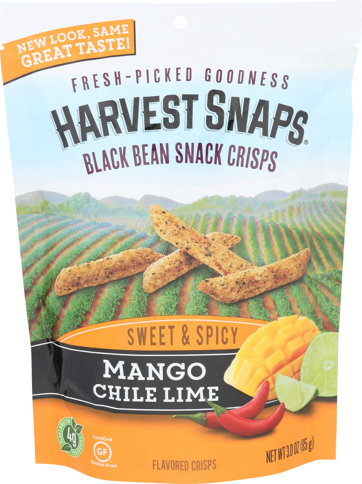 Calbee Harvest Snaps Mango Chile Lime 3 oz pack front view highlighting tropical flavor