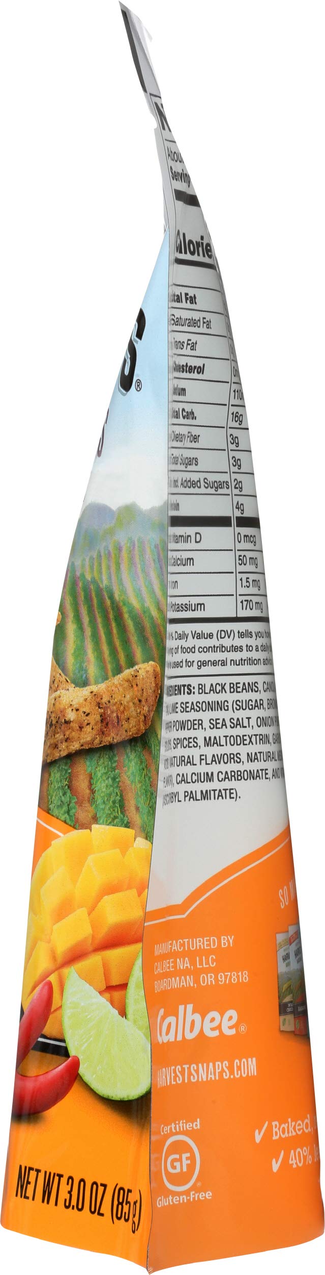 Calbee Harvest Snaps Mango Chile Lime ingredients panel highlighting plant-based snack